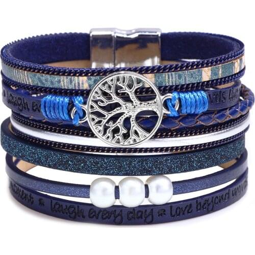 Weave Multi-layer Multi-layer Ladies Bracelet Alloy Life Tree Pearl Leather Bracelet Imitation Pearl Leather Bangles
