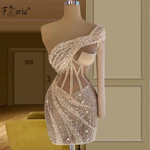 Sexy Short Champange Prom Dresses One Shoulder Sequins Crystals Beaded Mini Length Mermaid Cocktail See Through Top Party Gown