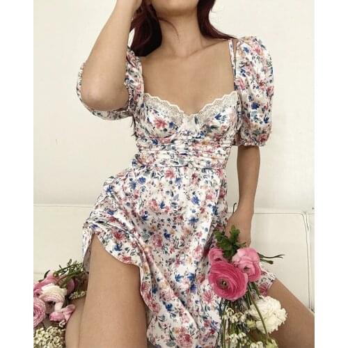 Fashion Lace Spliced Print Floral Vintage Dress Women Summer French Style Short Dress Party Dress 2021 Button Dress Short Sleeve