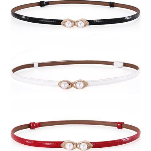 Women Thin Belt Adjustable Real Leather waistbands Ladies pearl Double Buckle Genuine Cow Leather Narrow Waist Belt dress Jeans