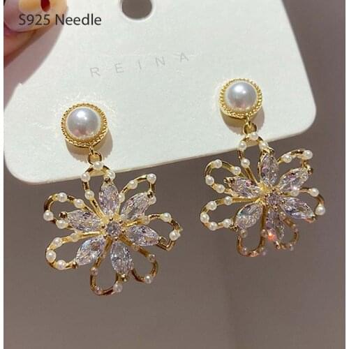 925 Sterling Silver Needle Dangle Drop Earrings for Women Jewelry Gold Shining Flower Pearl Elegant Female Earrings