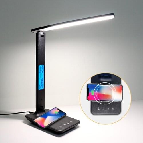 10W QI Wireless Charging LED Desk Lamp with Calendar Temperature Alarm Clock Eye Protect Reading Business Light Table Lamp