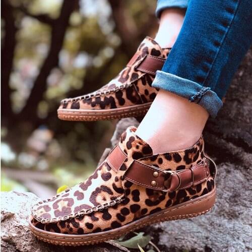 Women Leopard Ankle Boots Women Vintage Buckle Boots Big Size Autumn Womens Shoes Female Soft Retro Sewing Footwear For Ladies