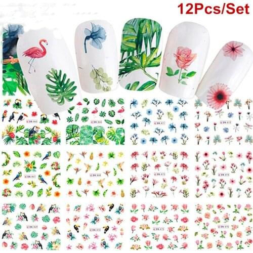 Women Fashion Summer Designs Nail Art Sticker Flamingos Parrot Flower Water Transfer Decals DIY Slider Manicure Stencil (12 Pcs)