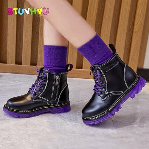 Winter Girls Boots Shoes Fashion Children Martin Boots Black Leather Booties for Girls Shoes Plus Velvet Warm Kids Ankle Boot