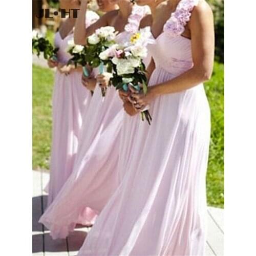 New One Shoulder Pink Bridesmaid Dresses Long Wedding Party Dress Pleat Flowers Chiffon Women Bridesmaid Dresses