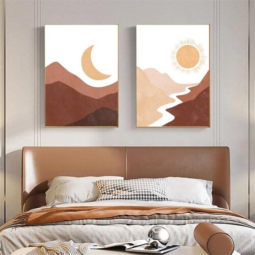 Abstract Sun Moon Mountain River Landscape Wall Art Print Rainbow Arch Geometry Poster Middle Century Canvas Painting Home Decor