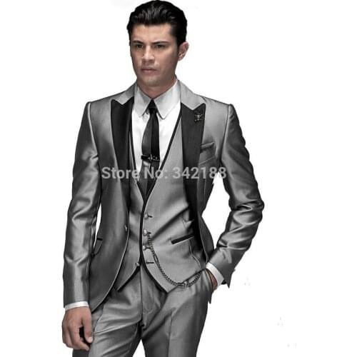 FREE shipping/Bright Silver Groom Tuxedos/Black Satin Lapel Best Man Groomsmen Men Wedding Suits/western wedding suits