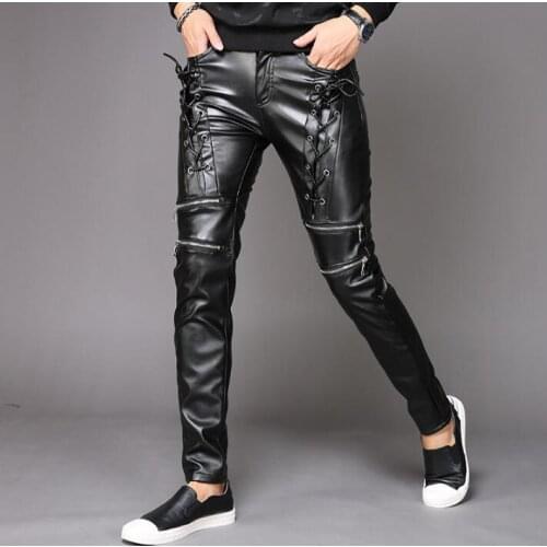 Zipper black straps personality fashion motorcycle faux leather pants mens feet pants pu trousers for men pantalon homme autumn