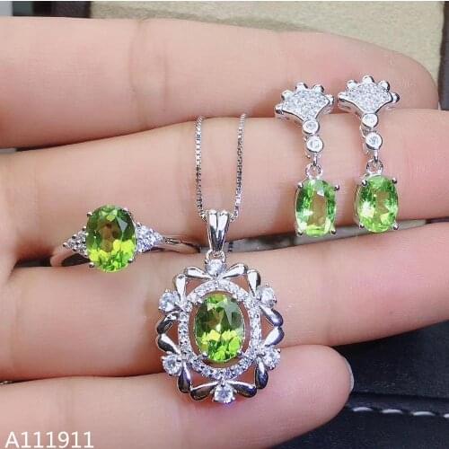 KJJEAXCMY fine jewelry 925 sterling silver inlaid Natural Peridot trendy Necklace Ring Earring Suit Support Detection luxurious