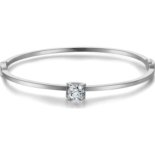 Classic Titanium Steel Silver Color Cuff Bracelet Bangles Luxury Cubic Zirconia Wedding Bangle Jewelry For Women B18030