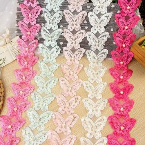 Lace Trim edge Embroidery Butterfly Beaded DIY Ribbon Fabric 6.5cm Organza for childrens wear Clothing Accessory 1 Yard/lot