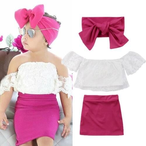 Summer Set Girl Outfits Girls Solid Color Off shoulder Lace Floral Tank Shirt Tops Kids High Waist Red Skirts