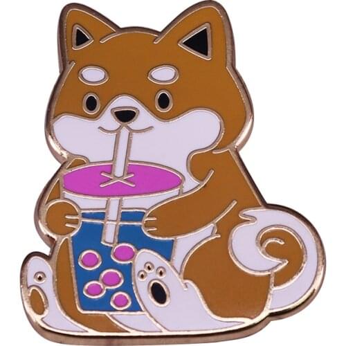 Cute Dog Drinks Milk Tea enamel pin funny animal brooch
