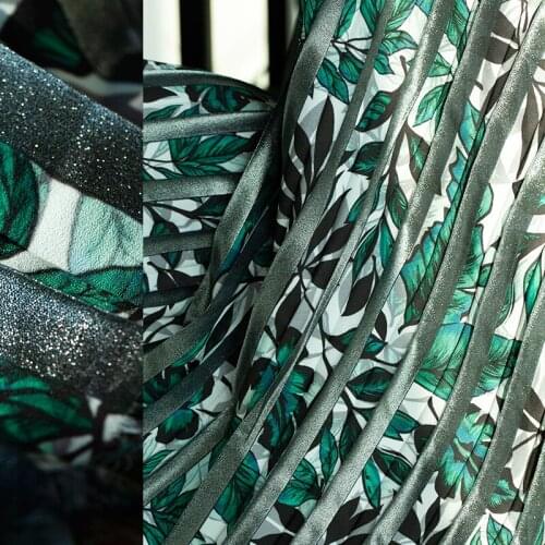 Fashion shiny coated pleated digital leave printing polyester chiffon fabric, sewing for blouse, skirt, dress, craft by the yard