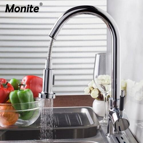 Monite Chrome Polished Pull Out Kitchen Faucet Deck Mounted Kitchen Water Taps w/ Hot and Cold Water Single Handle Faucet