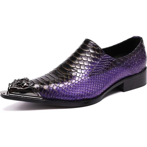 Mens shoes with Metal toe snakeskin wedding Black and purple Evening Party Hairdress Sexy dress shoes Medium heel men Shoes