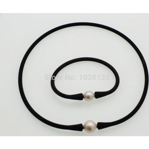 One set Freshwater Pearl white Round 10-11mm +black silicone Necklace Bracelet 40/50cm 19cm wholesale for women xmas gift