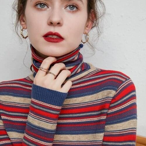 Autumn and Winter Pile Collar Wool Sweater Women Pullover Sweater Striped Sweater Fashion All-match Bottoming Sweater Cashmere