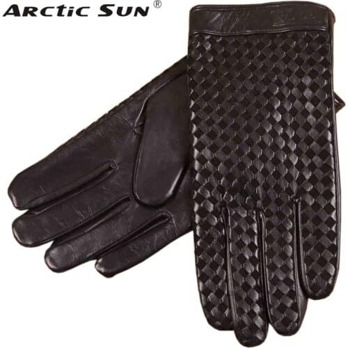 Business Men Genuine Leather Gloves High Quality Goatskin Glove Autumn Winter Plus Thermal Velvet Fashion Woven Plaid EM019NC