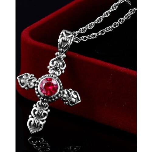 Cross Pendant Female Vintage Antique Silver Cross of Life Ruby Woman Pendants Gem Womens Sterling Silver 925 Jewelry Necklace