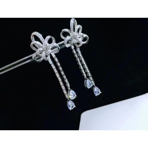 Bowknot drop earring 925 sterling silver with cubic zircon lone earring tear drop shape luxury jewelry 25*75MM free shipping