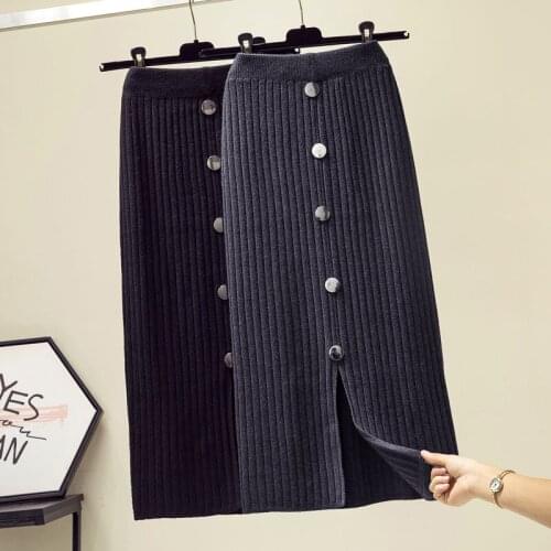 Women Knit Skirt Autumn And Winter Korean Fashion New Solid Ladies Mid-length Breasted Split Female Plus Size Skirts 4XL T302