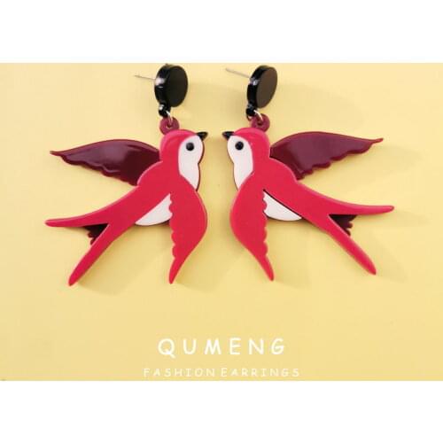 QUMENG korean Creativity Acrylic Swallow stud Earrings For Women Exaggerated rose red Birds Pattern Long Statement Jewelry