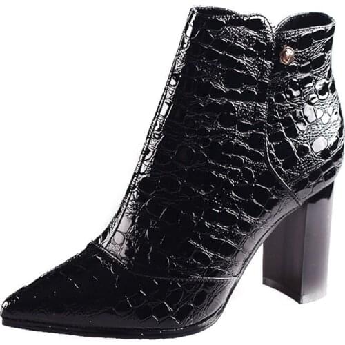 2021 Womnes High Heeled Ankle Boots Autumn Winter Shoes Female Snake Pattern Patent Leather Short Boot Black Brown