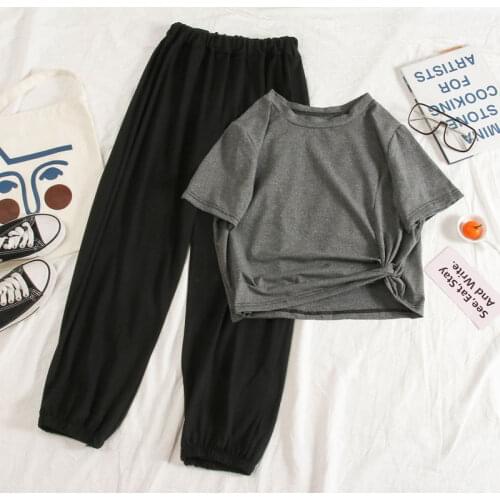 2020 New Summer Women Clothes Solid Short T-shirt Tops + Korean Leisure Hallen Wide Leg Pants Suit Female Two Piece Set M12