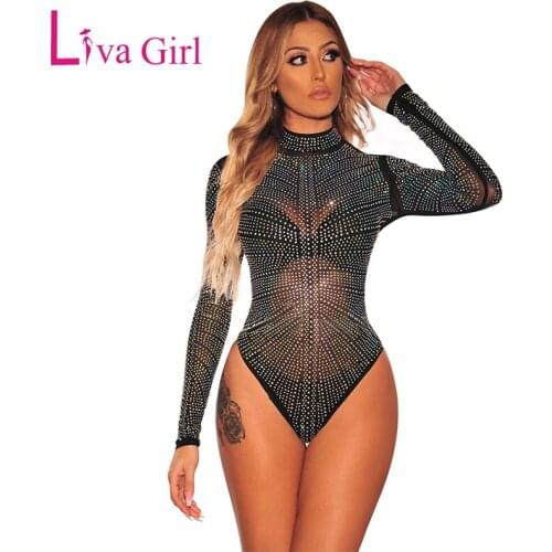 LIVA GIRL Black Iridescent Silver Rhinestone Studded Bodysuit for Women 2019 Sexy Sheer Mock Neck Long Sleeve Bodycon Bodysuits