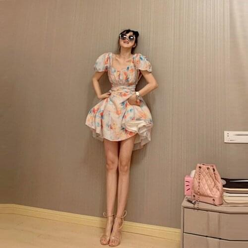 Rainbow Raindrops Floral Puff Sleeve Dress Womens 2021 Lace-up Sweet Girls Large Swing Skirt