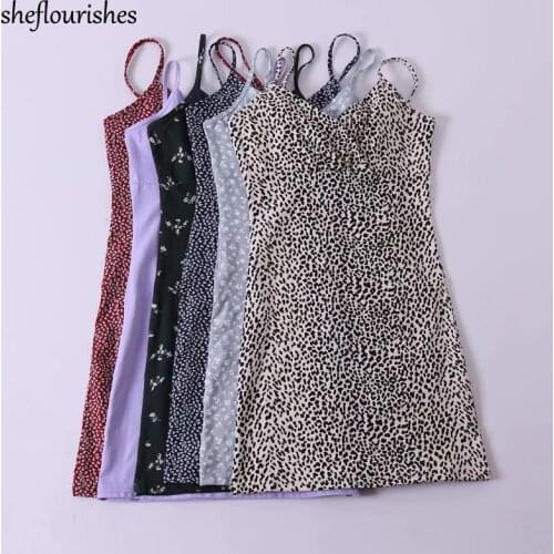 Sexy spaghetti strap dress women summer mini dress vintage leopard print dresses korean floral dresses black v neck dress navy