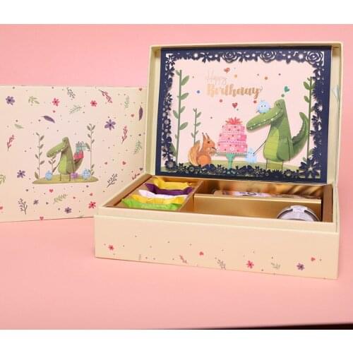 1 Set 2in1 Cardboard Happy Birthday Gift Boxes Bag Candy Box + 3D Crocodile Greeting Card Package Hundred Days Year Party Supply