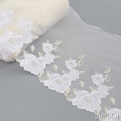 1Yard Rose Flowers Embroidery Lace Trim Bridal Gown Sewing Light Yellow Mesh Fabric Home Textile Curtains Clothing Accessories