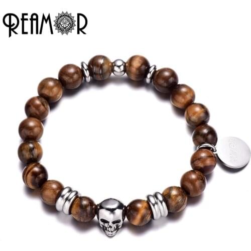 REAMOR Natural Tiger Eye Stone Beads Bracelet 316l Stainless Steel Skull Head Beads Elastic Balance Bracelets For Men Jewelry