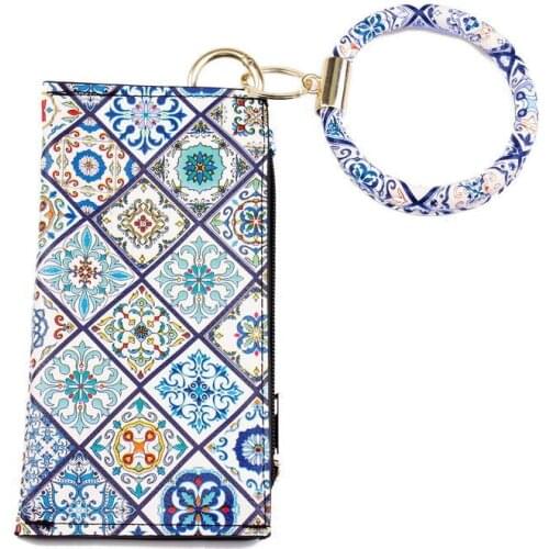 ZWPON New Europeanism Mandala Pattern PU Leather Wrist Keychain for Women Fashion Everyday Phone Coin Bag Key Rings Wholesale