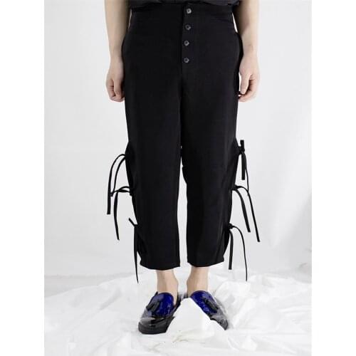 Mens New Black Cargo Pants with Elastic Pocket Buckles High Waist Street-style Casual Wide Leg Pants for Men and Women