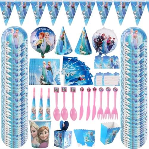 Hot Frozen Theme Birthday Party Supplies Disposable Tableware Set Paper Cups Plates Spoon Baby Shower Party Decoration Event