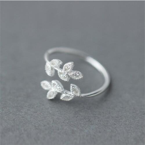 Korean 925 Sterling Silver Adjustable Crystal Leaf Couple Ring For Women Wedding Jewelry Anillos jz067