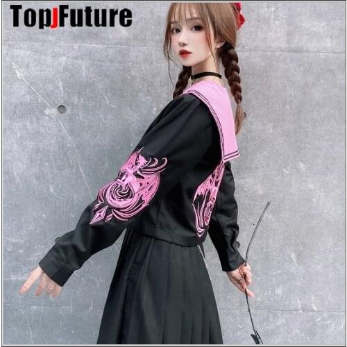 Dragon hunting embroidery dragon black two bad girl uniform college JK sailor summer suit PINK COLLAR TOP SHIRT