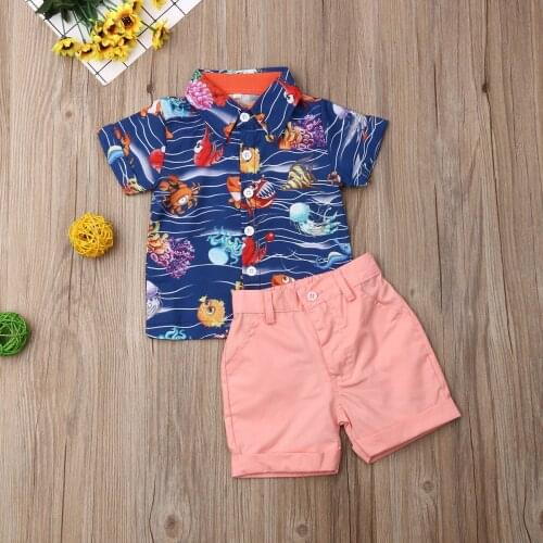 Summer Toddler Kids Baby Boys Clothes Sea Animal Print short sleeve T-shirt Tops Shorts Pants Outfits Gentleman Set