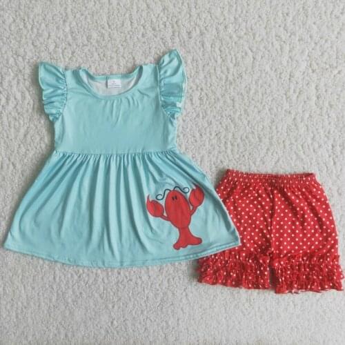 Toddler Summer Baby girls Red Crawfish outfits flutter sleeves Top Polka dot Shorts kids clothing sets Children boutique clothes