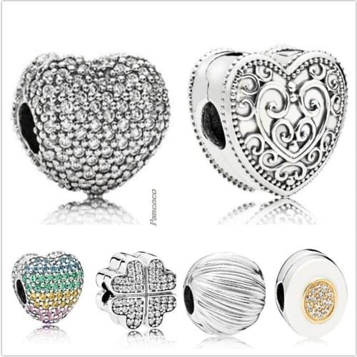 Original 925 Sterling Silver Heraldic Lace Enchanted Heart Clip Lock Stopper Charm Bead Fit Pandora Bracelet & Necklace Jewelry