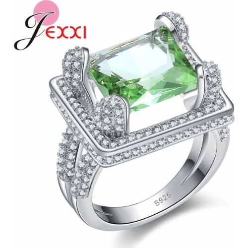 Luxury Wedding Party Jewelry Fashion 925 Sterling Silver Women Rings Rhinestone Square Green Crystal Stone Female Anel