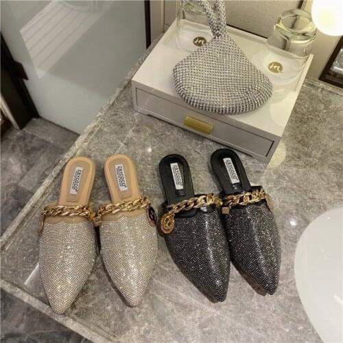 Rhinestone Women Slippers Pointed Toe Metal Decoration Bling Fashion Sandals Slides Slip On Mules Shoes Summer Slippers 35-39