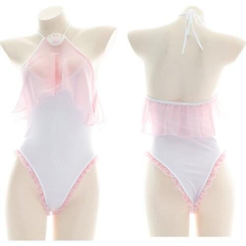 Super Sexy Cute Pink Girl Cat Paw Open chest Bodysuit Swimsuit Sukumizu Pajamas Lolita Private Translucent Mesh Ruffle Underwear
