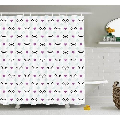 Eyelash Shower Curtain Winking Eyes and Pink Hearts Cute Romantic Pattern Cartoon Childish Home Decoration Bathroom Curtains