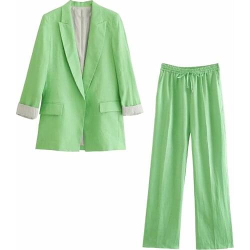 XIKOM 2021 Women Two-piece Set Vintage Green Cotton linen Office Lady Blazer coat Female Fashion Slim High Waist Trousers Suits