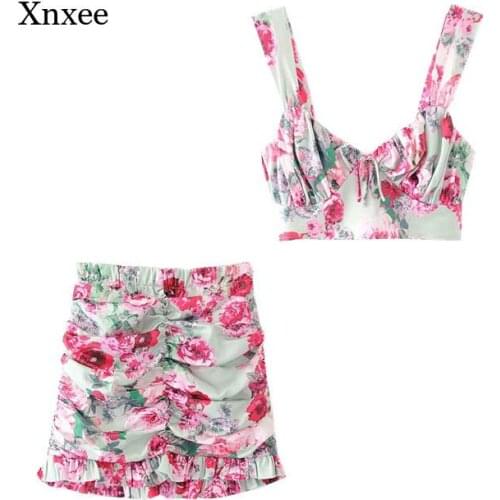 Flower Print Drawstring Skirt 2 Piece Suit High Quality 2021 Sexy Draped Women Sets Holiday Beach Strap Top Skirts Outfits